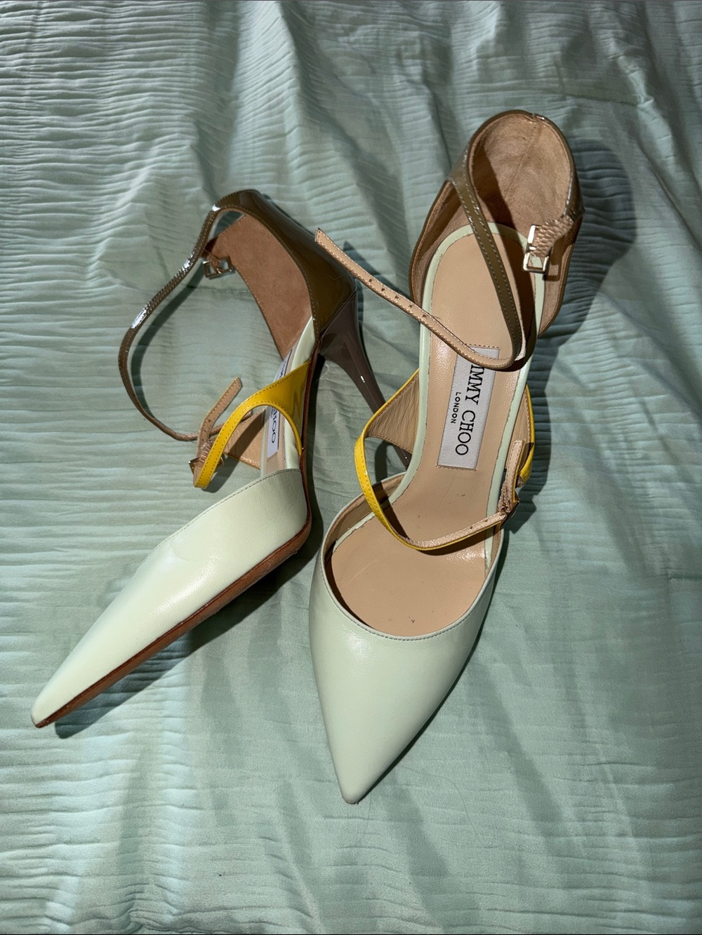 Jimmy Choo Women's Pointed Toe Ankle Strap Pumps in tri-color yellow, taupe,mint
